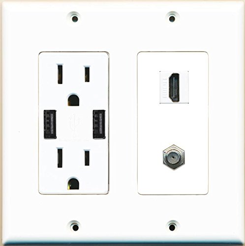 RiteAV 15 Amp 125V Power Outlet (2 Powered USB Charger Receptacle) Hdmi Coax Wall Plate 2 Gang White