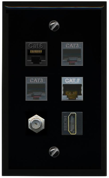 RiteAV CAT6 CAT7 Coax HDMI 2 Phone Flat/Solid Wall Plate [Black]