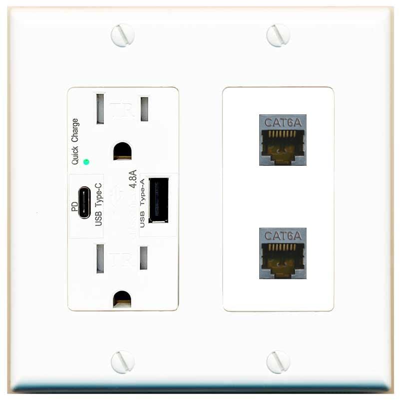 RiteAV 2 Port Cat6A Wall Plate - USB A+C Charger [White/White]