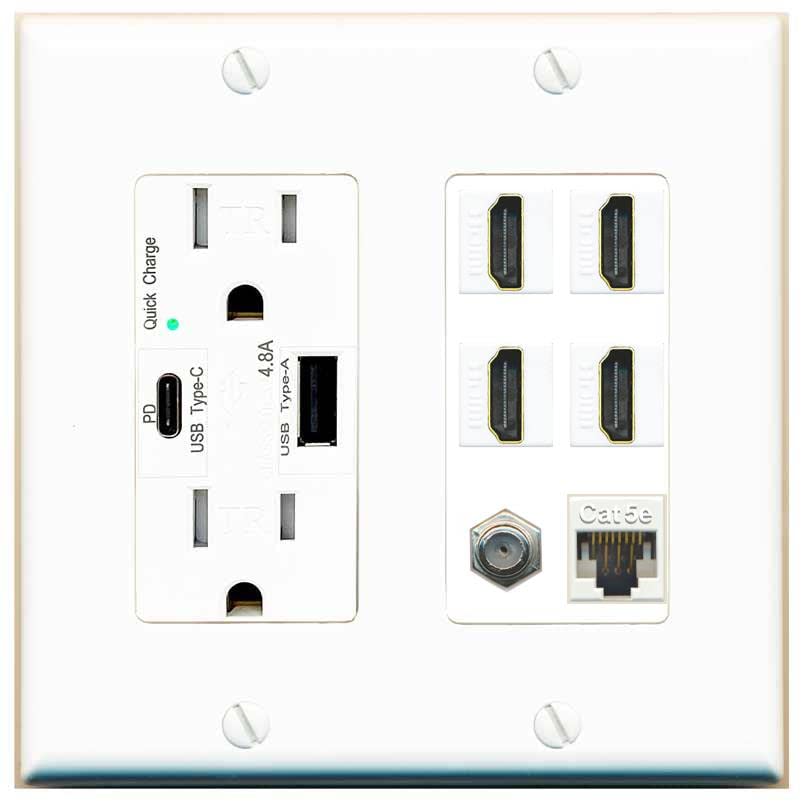 RiteAV USB Charger Outlet 15A/125V USB A/USB-C Ports 4 HDMI 1 Cat5e Ethernet 1 Coax Cable Decorz White Wall Plate