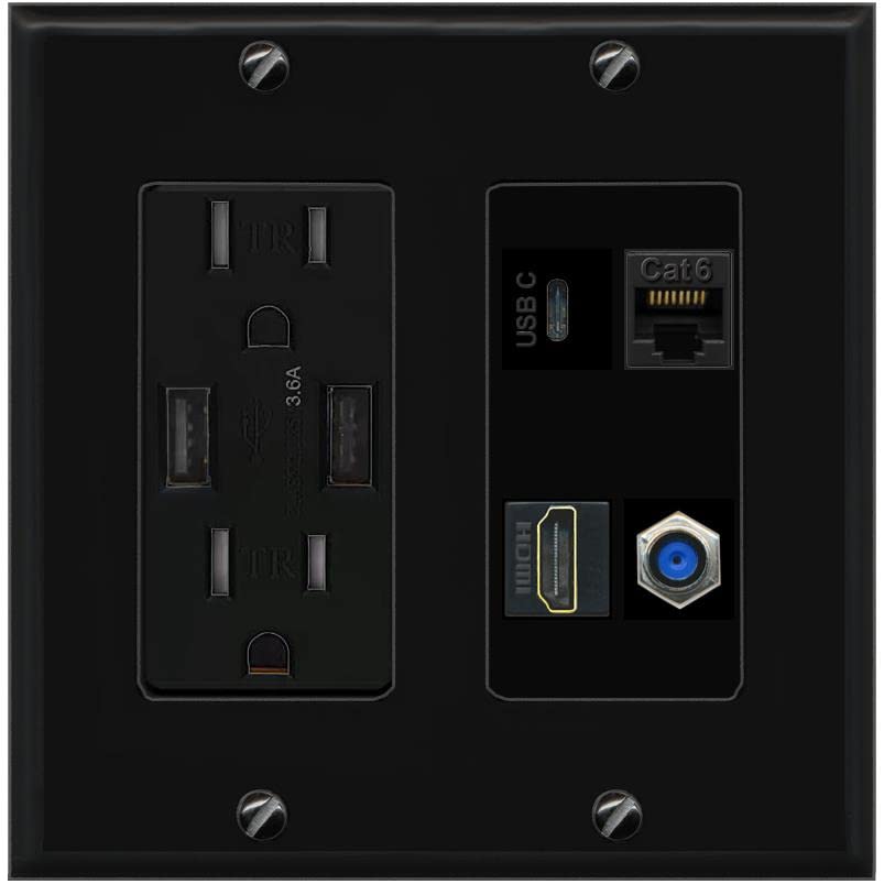 RiteAV USBC HDMI Cat6 Coax F81 Wall Plate - USB Charger [Black/Black]