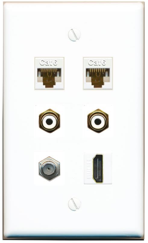 RiteAV 2 CAT6 Coax HDMI 2 RCA-White Flat/Solid Wall Plate [White]