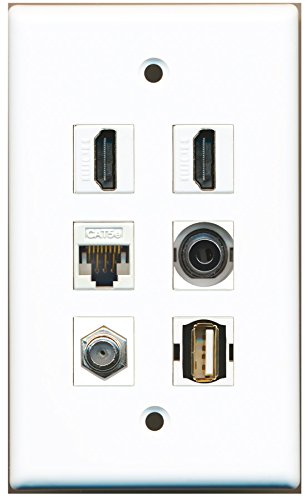 RiteAV - 2 HDMI 1 Port Coax Cable TV- F-Type 1 Port USB A-A 1 Port 3.5mm 1 Port Cat5e Ethernet White Wall Plate