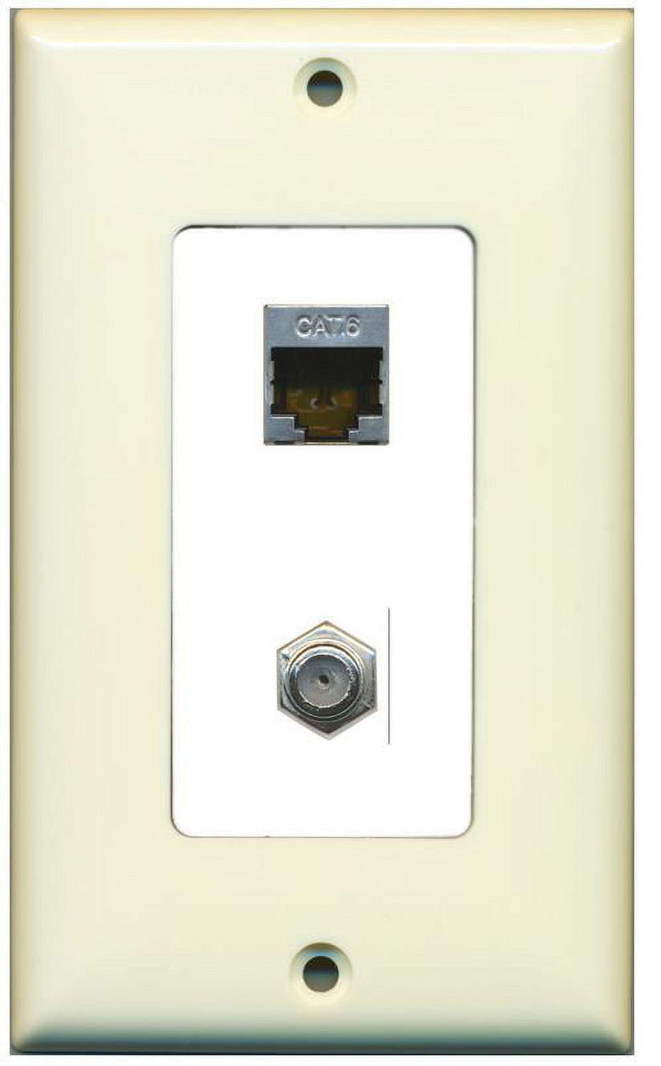 RiteAV Decorative 1 Gang Wall Plate (Light Almond/White) 2 Port - Cat6 (Shielded) Coax (White) - Bracket Included