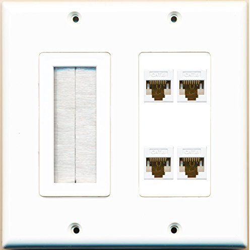 RiteAV (2 Gang Decorative Mesh-Brush 4 Cat6 White Wall Plate White