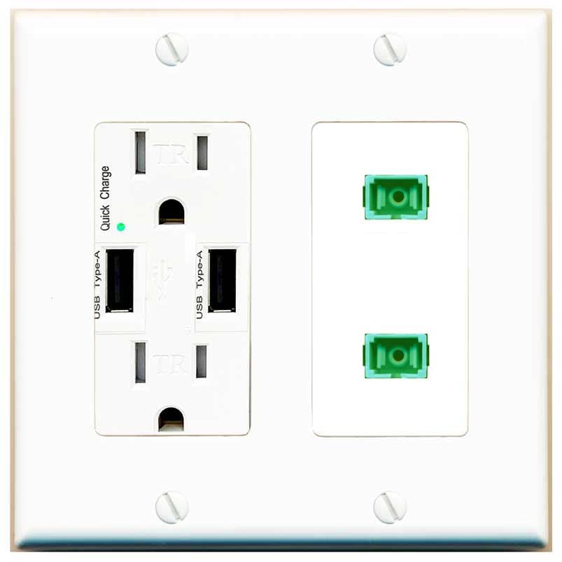 RiteAV 2 Port Fiber Optic Coupler Jack SC Simplex Singlemode APC Wall Plate-USB Charger White