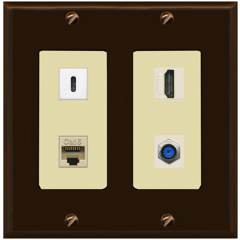 RiteAV USBC HDMI Cat6 Coax F81 Wall Plate - 2 Gang [Brown/Ivory]