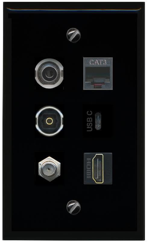 RiteAV 3.5mm Coax HDMI Phone TOSLINK USBC Flat/Solid Wall Plate [Black]