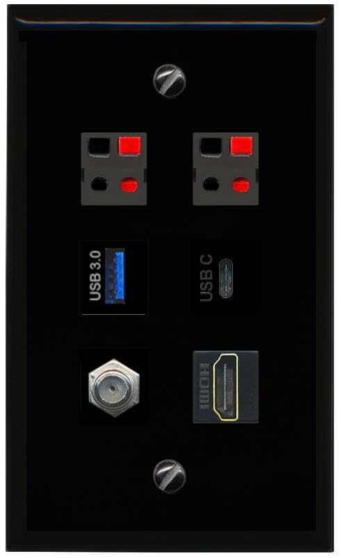 RiteAV COAX HDMI 2 SPEAKER USB 3 USBC Flat/Solid Wall Plate [Black]