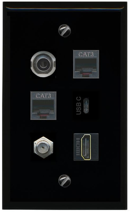 RiteAV 3.5mm Coax HDMI 2 Phone USBC Flat/Solid Wall Plate [Black]