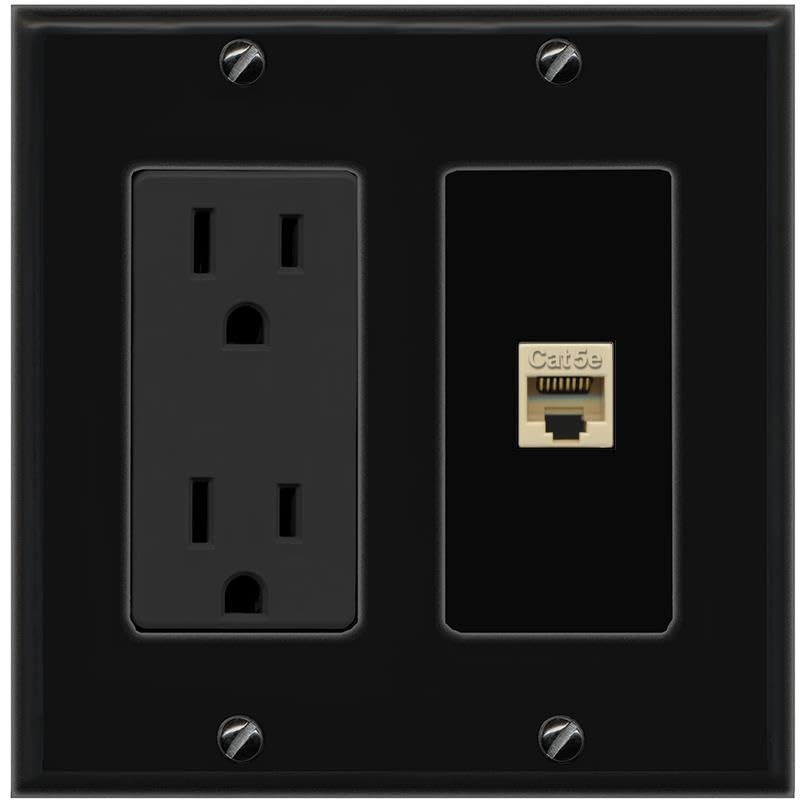 RiteAV CAT5E-IVORY Wall Plate with Power Outlet [Black]