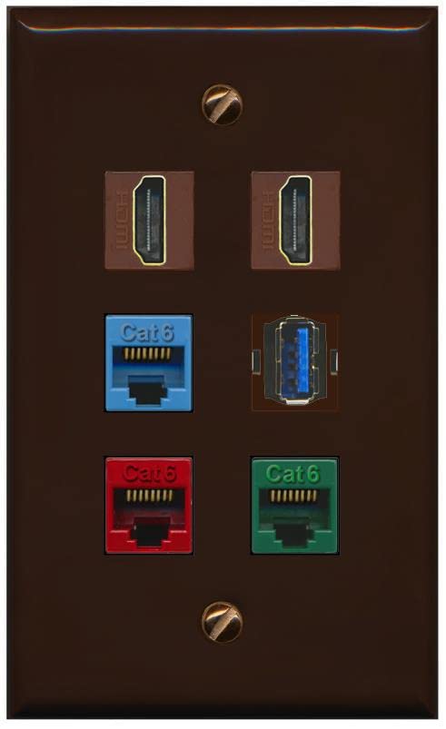 RiteAV 2 HDMI 3 Cat6 Ethernet USB3 Mixed Color Wall Plate - Flat [Brown/Brown]