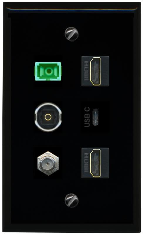 RiteAV Coax 2 HDMI SC APC Simplex Fiber TOSLINK USBC Flat/Solid Wall Plate [Black]