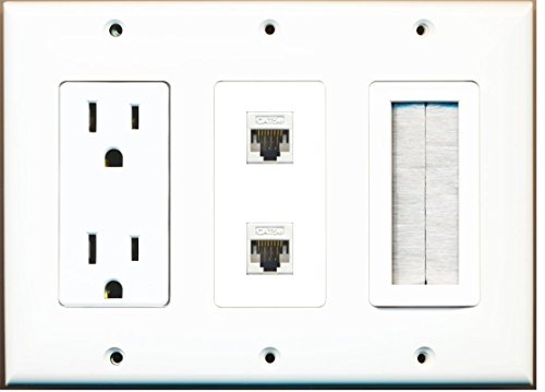 RiteAV - (3 Gang 15A Power Outlet Mesh-Brush 2 Cat5e White Wall Plate White