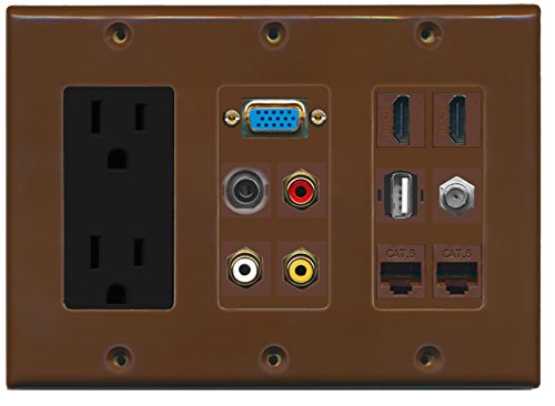 RiteAV 2 Hdmi 2 Cat6 3.5mm RCA Composite Coax USB-A SVGA Power Outlet Wall Plate - Brown