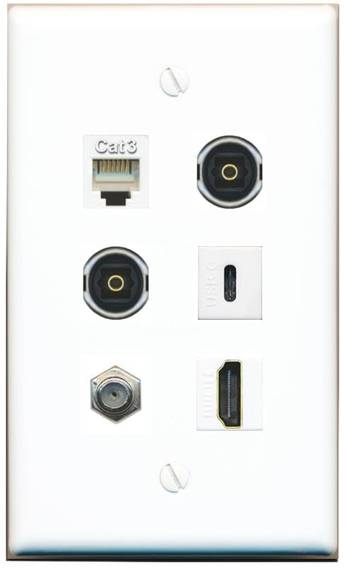 RiteAV Coax HDMI Phone 2 TOSLINK USBC Flat/Solid Wall Plate [White]
