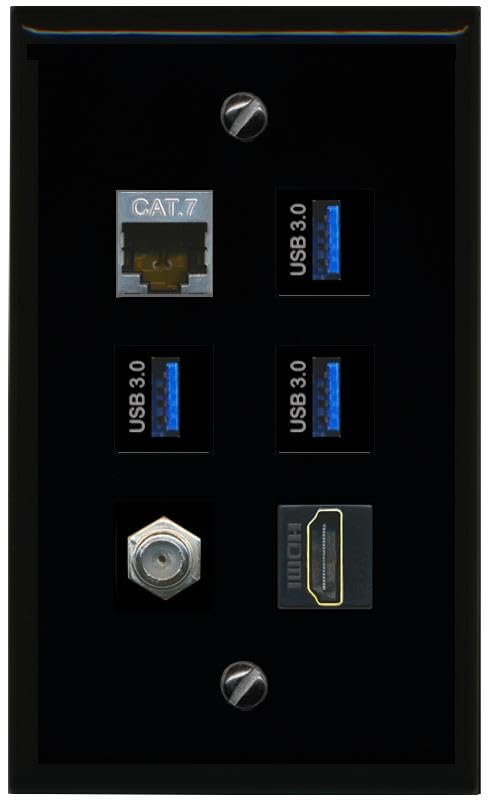 RiteAV CAT7 Coax HDMI 3 USB 3 Flat/Solid Wall Plate [Black]