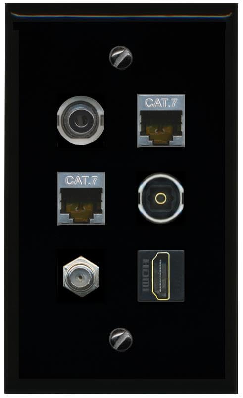 RiteAV 3.5mm 2 CAT7 Coax HDMI TOSLINK Flat/Solid Wall Plate [Black]