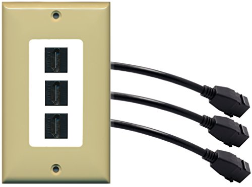 RiteAV (1 Gang Decorative 3 HDMI Black Wall Plate w/Pigtail Extension Cable Ivory on White