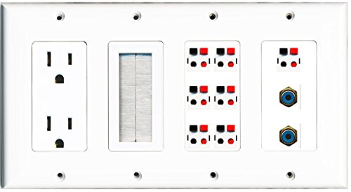 RiteAV - (4 Gang 15A Power Outlet Mesh-Brush 2 RCA Blue 7 Speaker Jack Wall Plate White