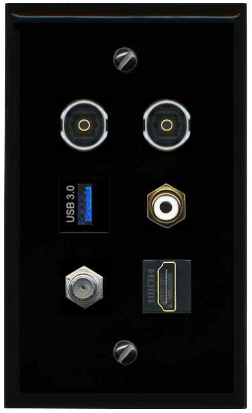 RiteAV Coax HDMI RCA White 2 TOSLINK USB 3 Flat/Solid Wall Plate [Black]