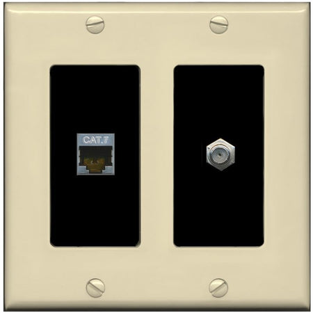 RiteAV Coax and Cat7 Wall Plate - 2 Gang [Ivory/Black]