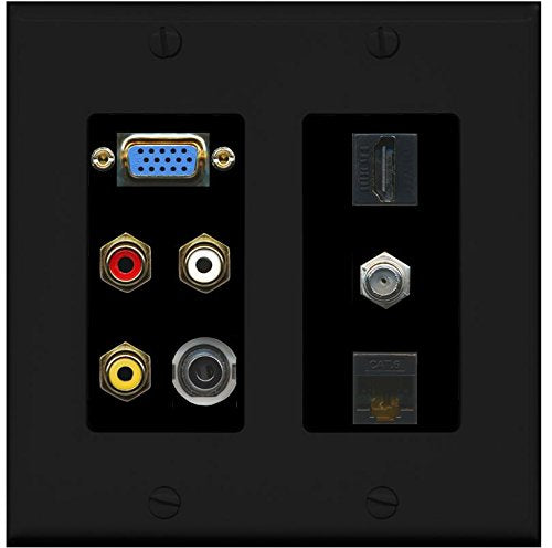 RiteAV - (2 Gang SVGA Composite 3.5mm (Black) HDMI Black Coax Cat6 Wall Plate Black