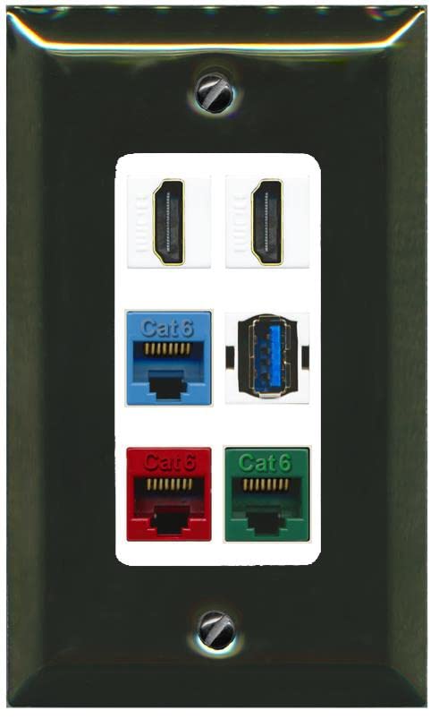 RiteAV 2 HDMI 3 Cat6 Ethernet USB3 Mixed Color Wall Plate - 1 Gang [Brass/White]