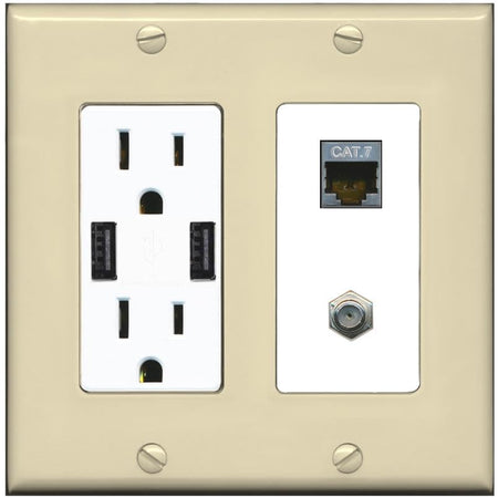 RiteAV Coax and Cat7 Wall Plate - USB Charger [Ivory/White]