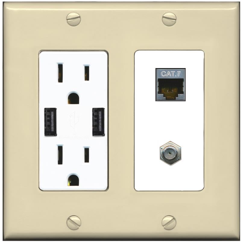 RiteAV Coax and Cat7 Wall Plate - USB Charger [Ivory/White]