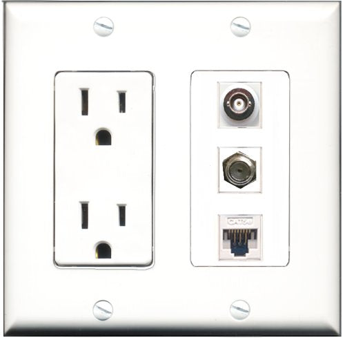 RiteAV - 15 Amp Power Outlet 1 Port Coax 1 Port BNC 1 Port Cat5e Ethernet White Decorative Wall Plate