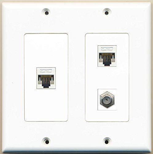 RiteAV - 1 Port Coax Cable TV- F-Type 2 Port Cat5e Ethernet White - 2 Gang Wall Plate