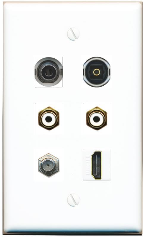RiteAV 3.5mm Coax HDMI 2 RCA-White TOSLINK Flat/Solid Wall Plate [White]