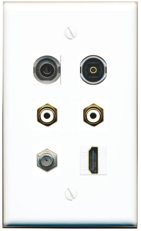 RiteAV 3.5mm Coax HDMI 2 RCA-White TOSLINK Flat/Solid Wall Plate [White]