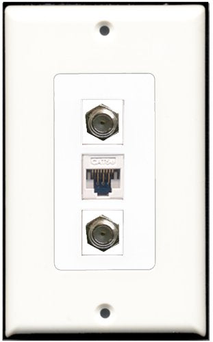 RiteAV 2 Port Coax Cable TV- F-Type 1 Cat5e Ethernet White Wall Plate OVERSIZED