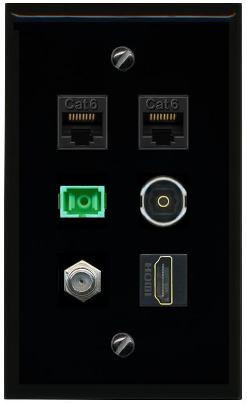 RiteAV 2 CAT6 COAX HDMI SC APC Simplex Fiber TOSLINK Flat/Solid Wall Plate [Black]