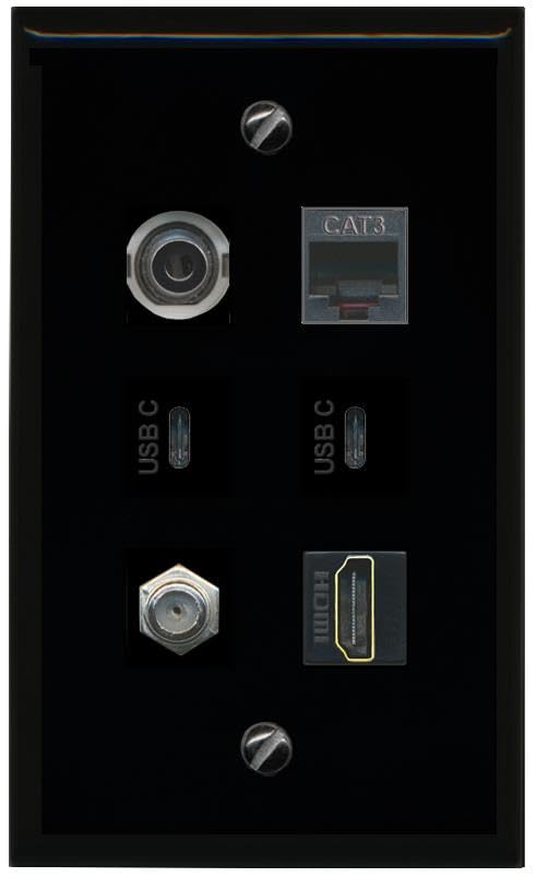 RiteAV 3.5mm Coax HDMI Phone 2 USBC Flat/Solid Wall Plate [Black]