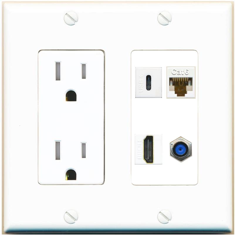 RiteAV USBC HDMI Cat6 Coax F81 Wall Plate - Tamper-Resistant [White/White]