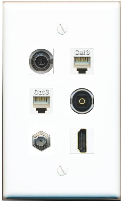 RiteAV 3.5mm Coax HDMI 2 Phone TOSLINK Flat/Solid Wall Plate [White]