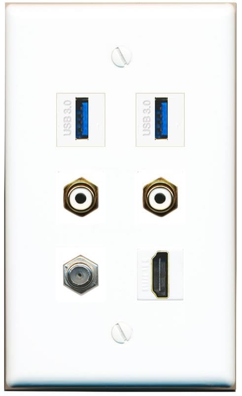 RiteAV Coax HDMI 2 RCA-White 2 USB-3 Flat/Solid Wall Plate [White]