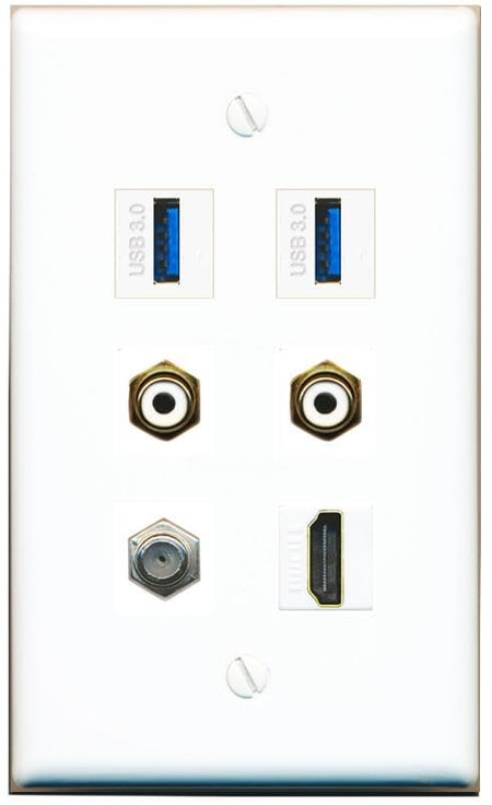RiteAV Coax HDMI 2 RCA-White 2 USB-3 Flat/Solid Wall Plate [White]