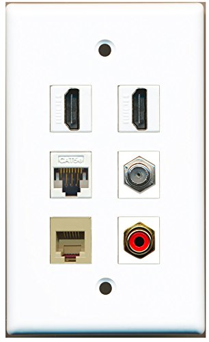 RiteAV - 2 HDMI 1 Port RCA Red 1 Port Coax Cable TV- F-Type 1 Port Phone RJ11 RJ12 Beige 1 Port Cat5e Ethernet White Wall Plate