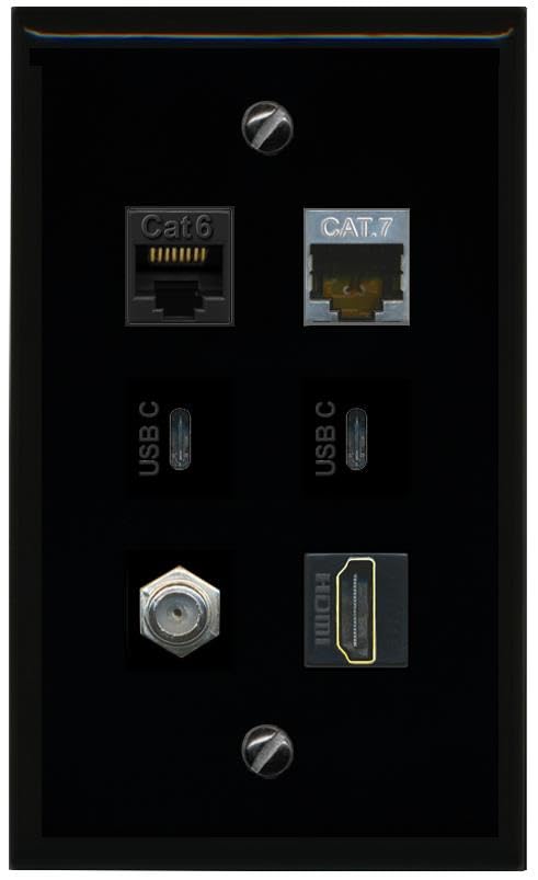 RiteAV CAT6 CAT7 Coax HDMI 2 USBC Flat/Solid Wall Plate [Black]