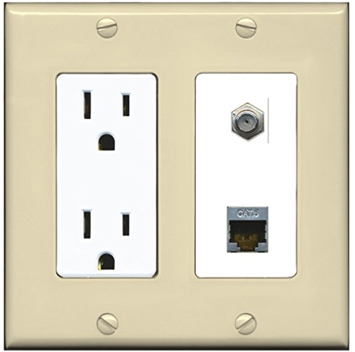 RiteAV - 15 Amp Power Outlet 1 Port Coax Cable TV- F-Type and Shielded Cat6 Ethernet Wall Plate - Ivory/White