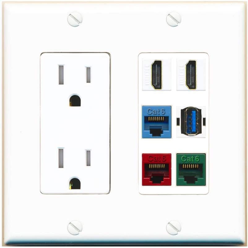 RiteAV 2 HDMI 3 Cat6 Ethernet USB3 Mixed Color Wall Plate - Tamper-Resistant [White/White]