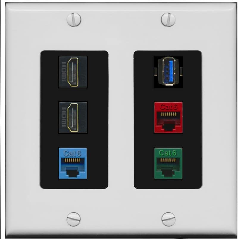 RiteAV 2 HDMI 3 Cat6 Ethernet USB3 Mixed Color Wall Plate - 2 Gang [Gray/Black]