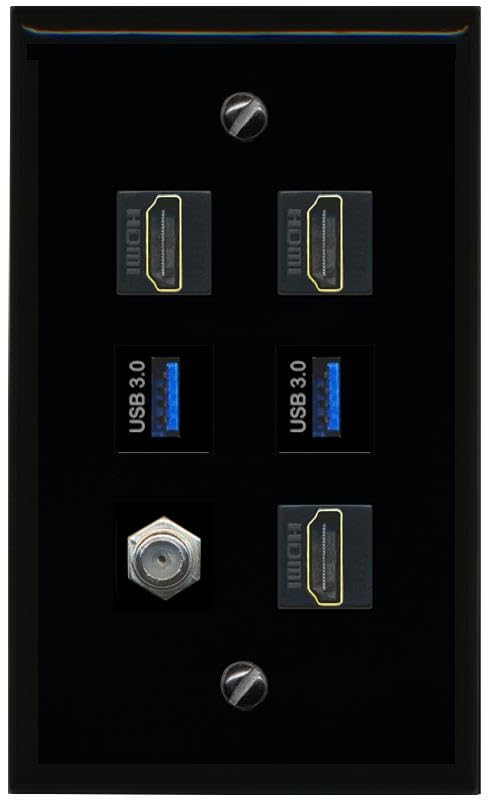 RiteAV Coax 3 HDMI 2 USB 3 Flat/Solid Wall Plate [Black]