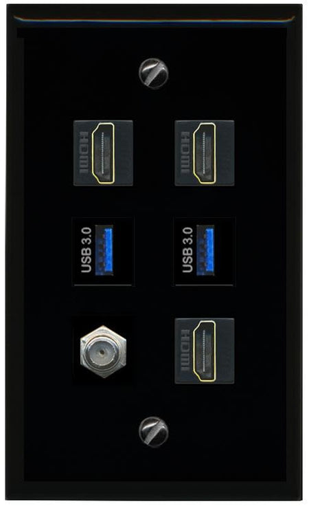 RiteAV Coax 3 HDMI 2 USB 3 Flat/Solid Wall Plate [Black]