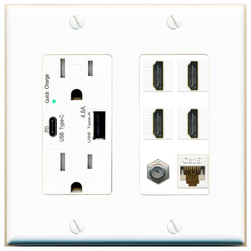 RiteAV - 4 Port HDMI 1 Coax Cable TV- F-Type 1 Cat6 Ethernet Wall Plate - (USB A+C Outlet-White)