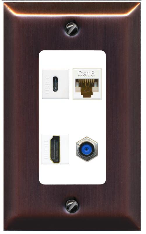 RiteAV USBC HDMI Cat6 Coax F81 Wall Plate - 1 Gang [Brushed-Copper/White]